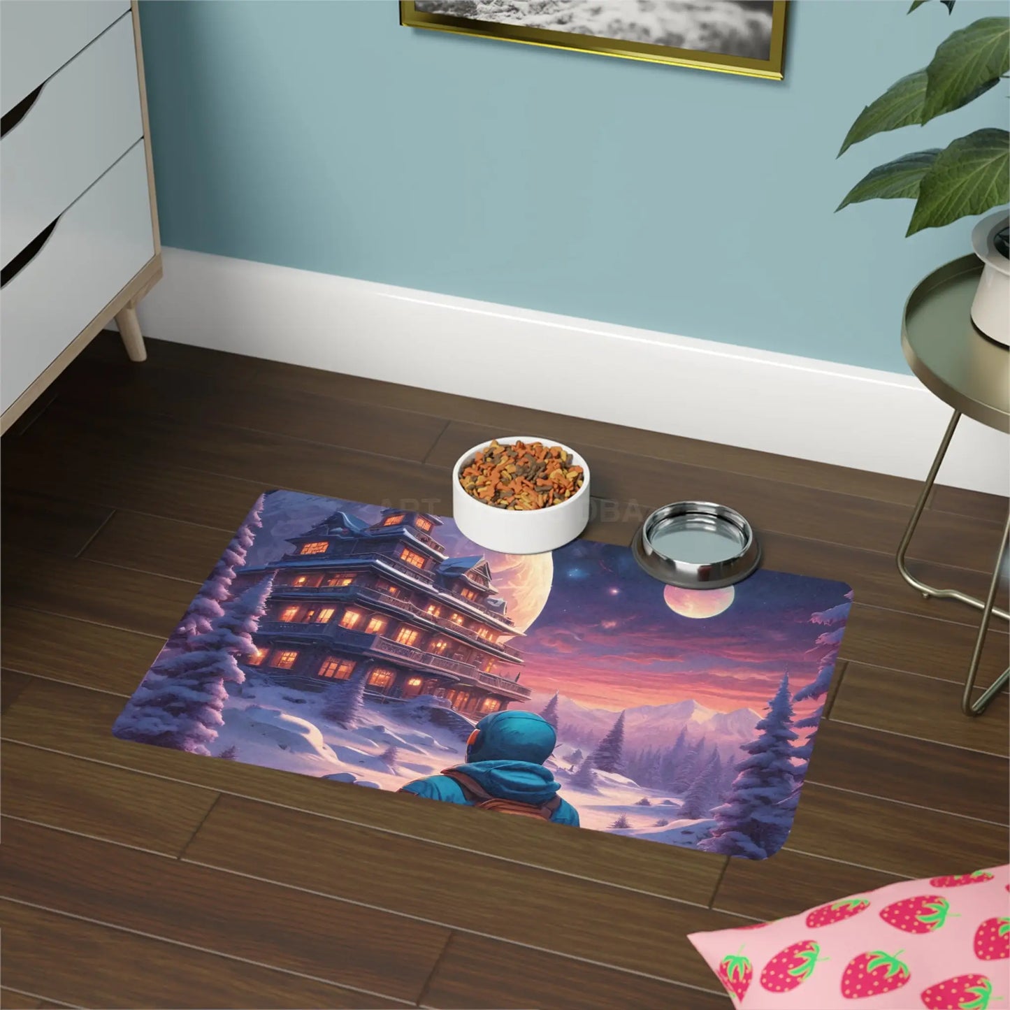 Snowy Lodge Pet Feeding Mat (12x18) — Winter Nightscape Dog & Cat Food Mat - 12’’ × 18’’ / Rectangle - Pets