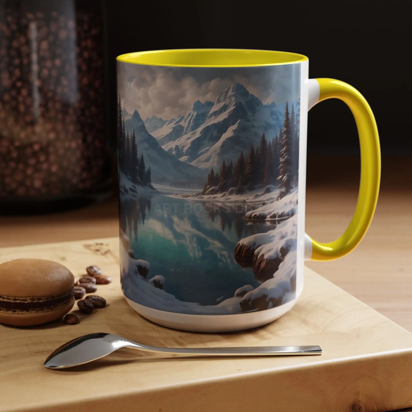 Snowy Mountain Lake Accent Coffee Mug — Scenic Winter Landscape Coffee Cup - Mug