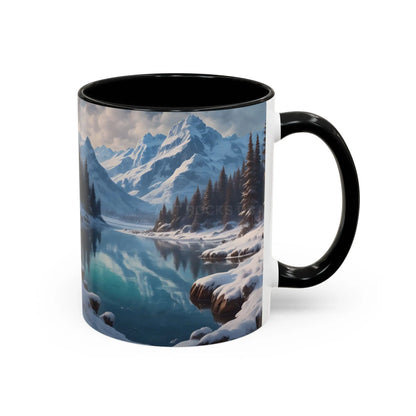 Snowy Mountain Lake Accent Coffee Mug — Scenic Winter Landscape Coffee Cup - Mug
