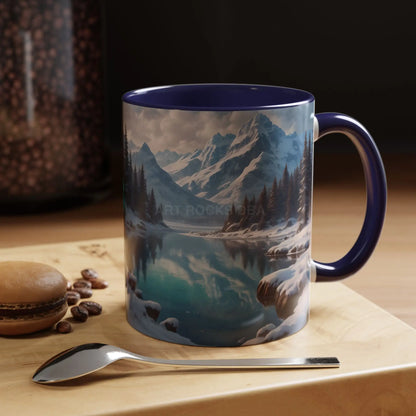 Snowy Mountain Lake Accent Coffee Mug — Scenic Winter Landscape Coffee Cup - Mug