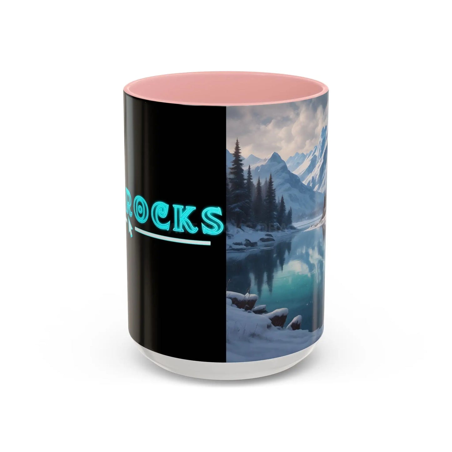 Snowy Mountain Lake Accent Coffee Mug — Scenic Winter Landscape Coffee Cup - 15oz / Pink - Mug