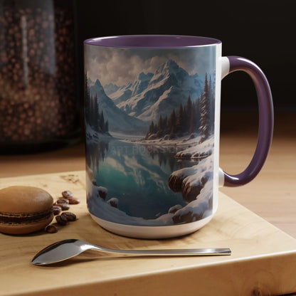 Snowy Mountain Lake Accent Coffee Mug — Scenic Winter Landscape Coffee Cup - Mug