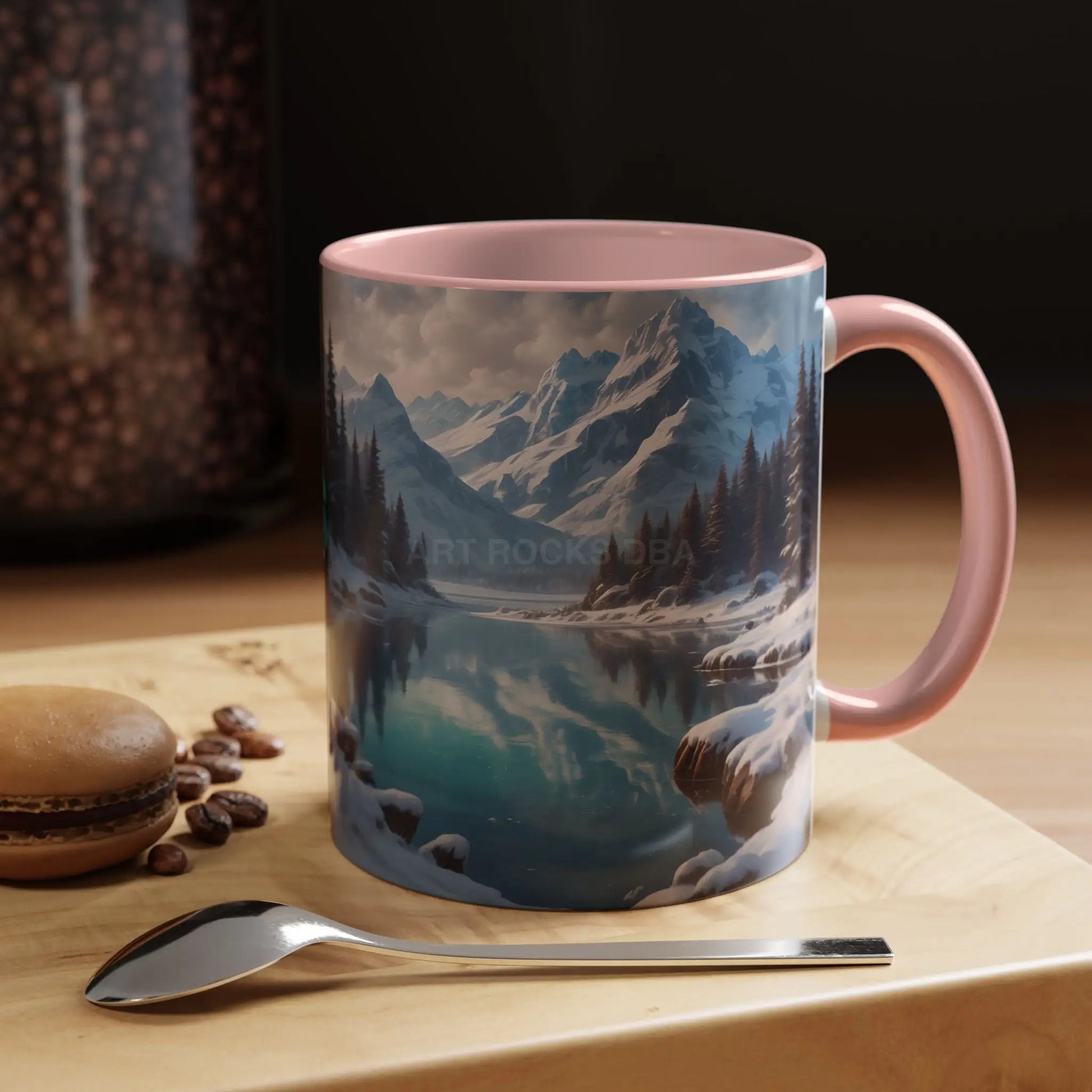 Snowy Mountain Lake Accent Coffee Mug — Scenic Winter Landscape Coffee Cup - Mug