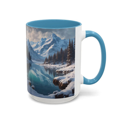 Snowy Mountain Lake Accent Coffee Mug — Scenic Winter Landscape Coffee Cup - Mug
