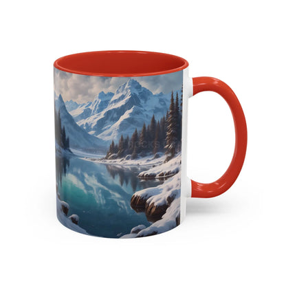 Snowy Mountain Lake Accent Coffee Mug — Scenic Winter Landscape Coffee Cup - Mug