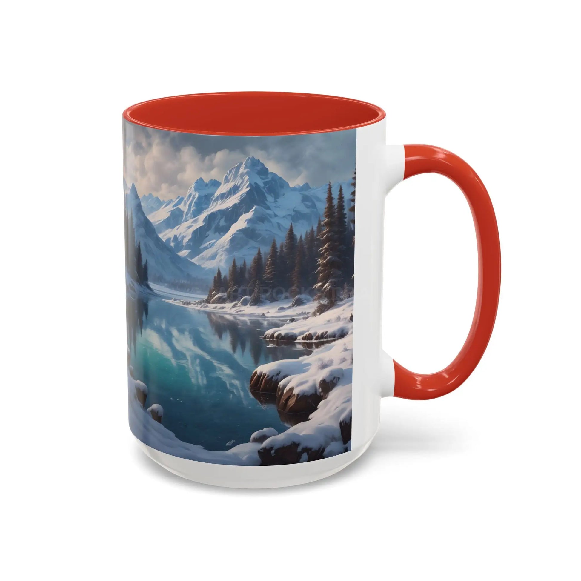 Snowy Mountain Lake Accent Coffee Mug — Scenic Winter Landscape Coffee Cup - Mug