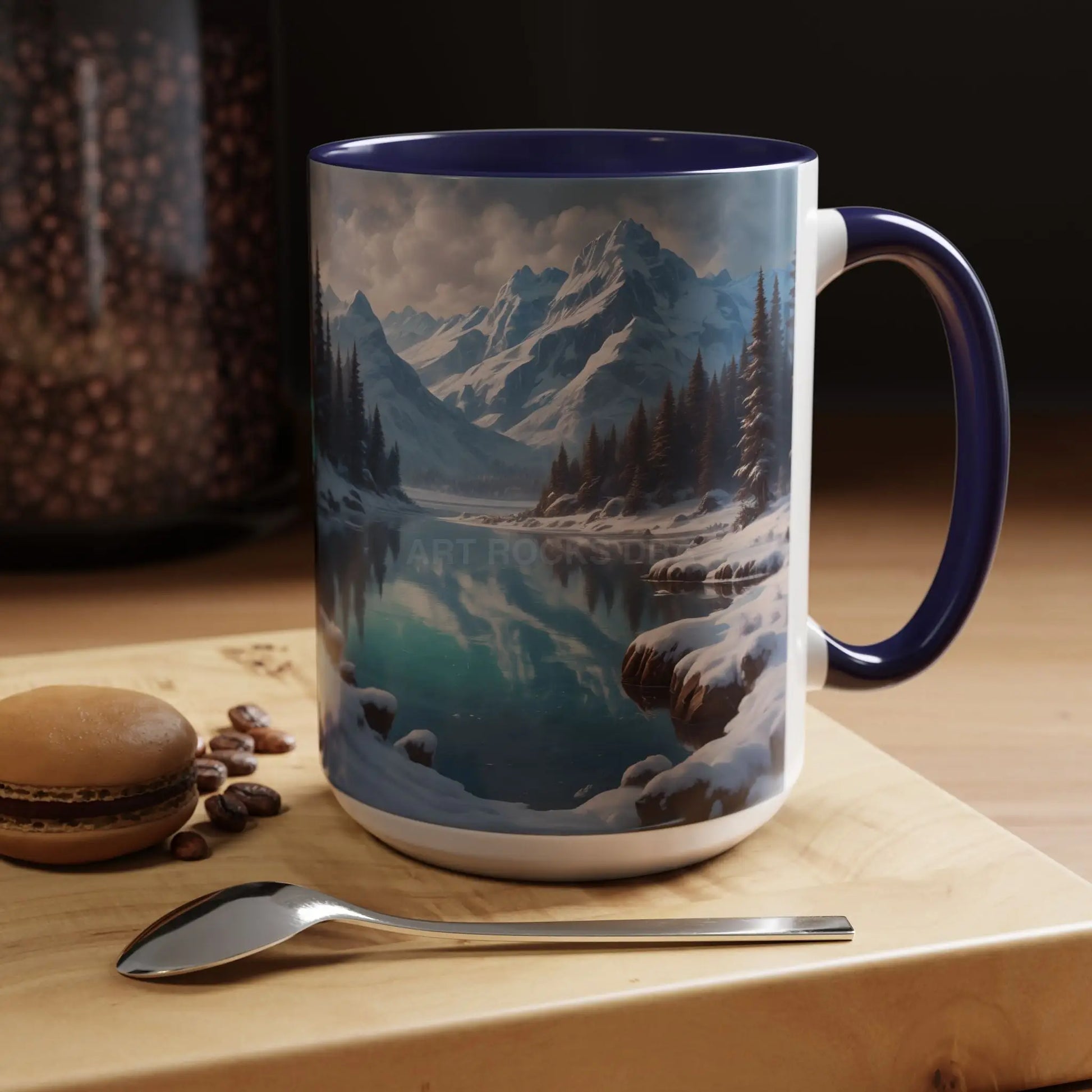 Snowy Mountain Lake Accent Coffee Mug — Scenic Winter Landscape Coffee Cup - Mug