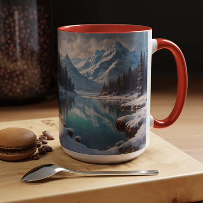 Snowy Mountain Lake Accent Coffee Mug — Scenic Winter Landscape Coffee Cup - Mug