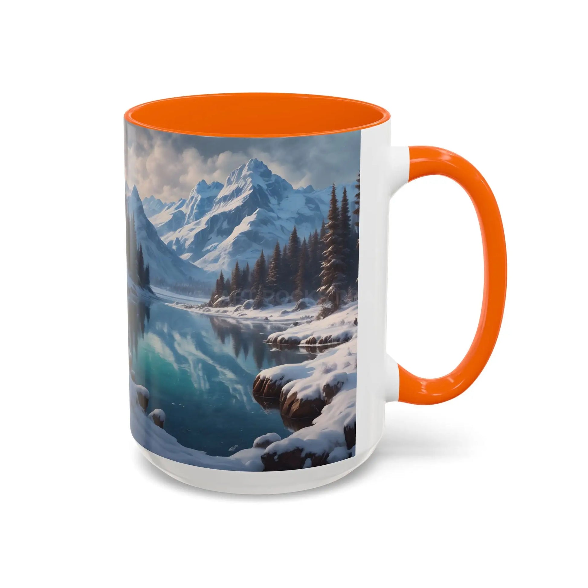 Snowy Mountain Lake Accent Coffee Mug — Scenic Winter Landscape Coffee Cup - Mug