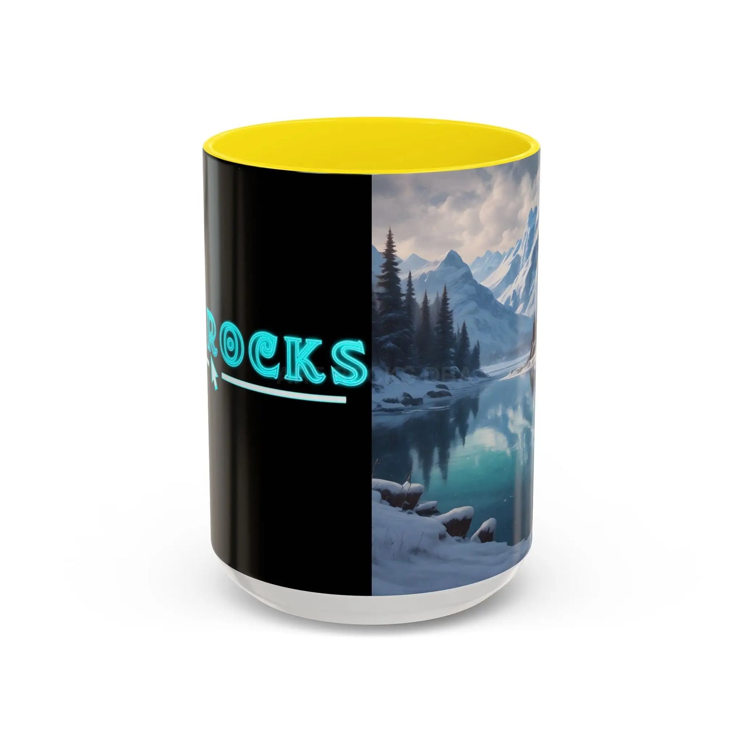 Snowy Mountain Lake Accent Coffee Mug — Scenic Winter Landscape Coffee Cup - 15oz / Yellow - Mug