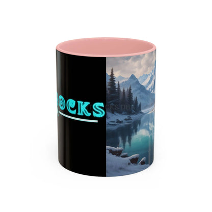 Snowy Mountain Lake Accent Coffee Mug — Scenic Winter Landscape Coffee Cup - 11oz / Pink - Mug