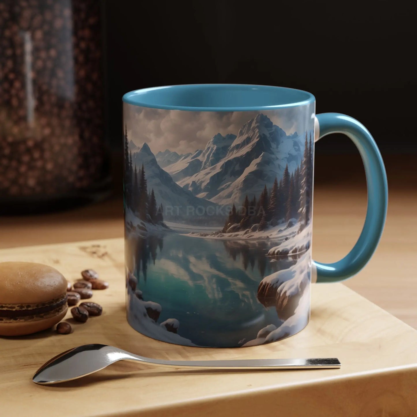 Snowy Mountain Lake Accent Coffee Mug — Scenic Winter Landscape Coffee Cup - Mug