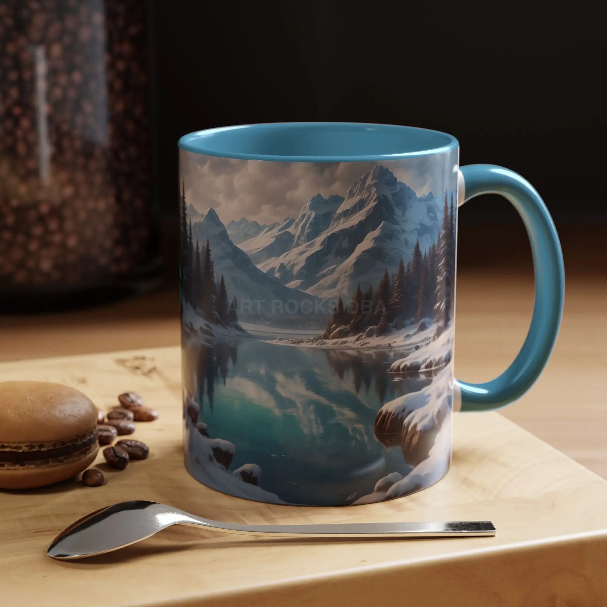 Snowy Mountain Lake Accent Coffee Mug — Scenic Winter Landscape Coffee Cup - Mug