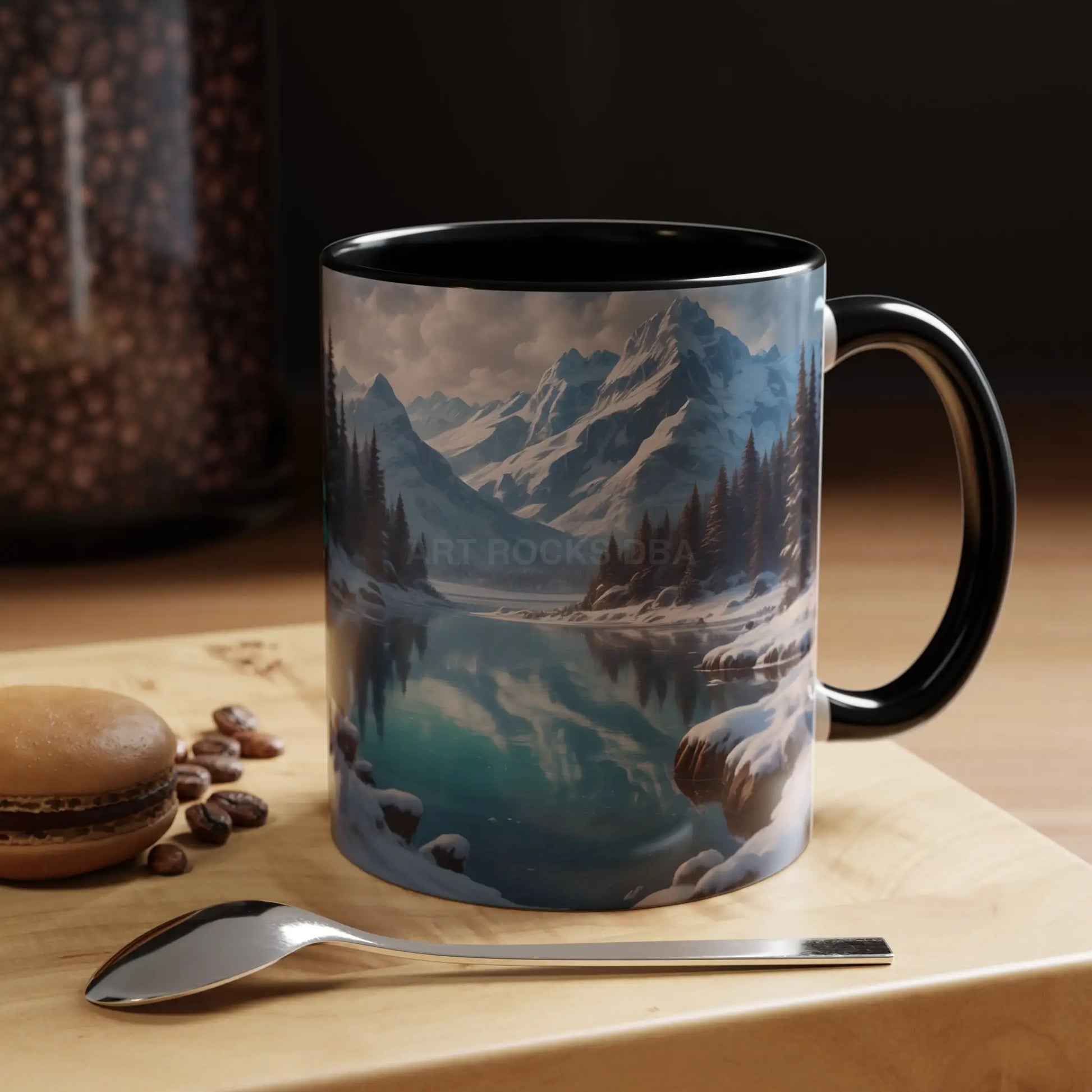 Snowy Mountain Lake Accent Coffee Mug — Scenic Winter Landscape Coffee Cup - 11oz / Black - Mug