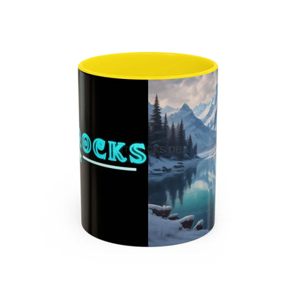 Snowy Mountain Lake Accent Coffee Mug — Scenic Winter Landscape Coffee Cup - 11oz / Yellow - Mug