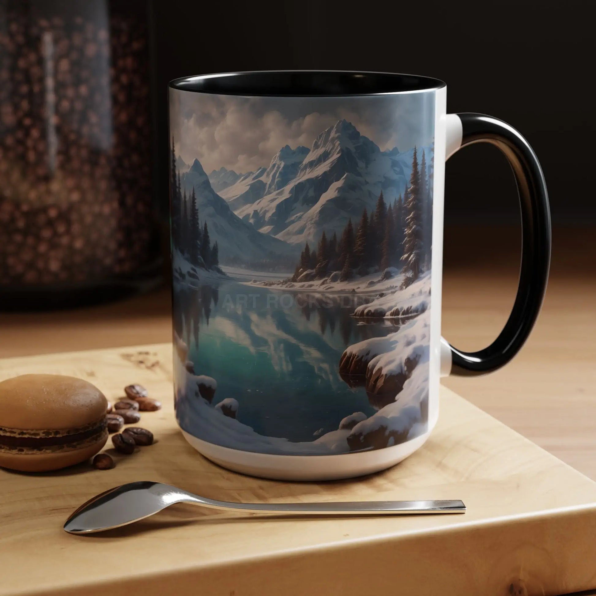 Snowy Mountain Lake Accent Coffee Mug — Scenic Winter Landscape Coffee Cup - Mug
