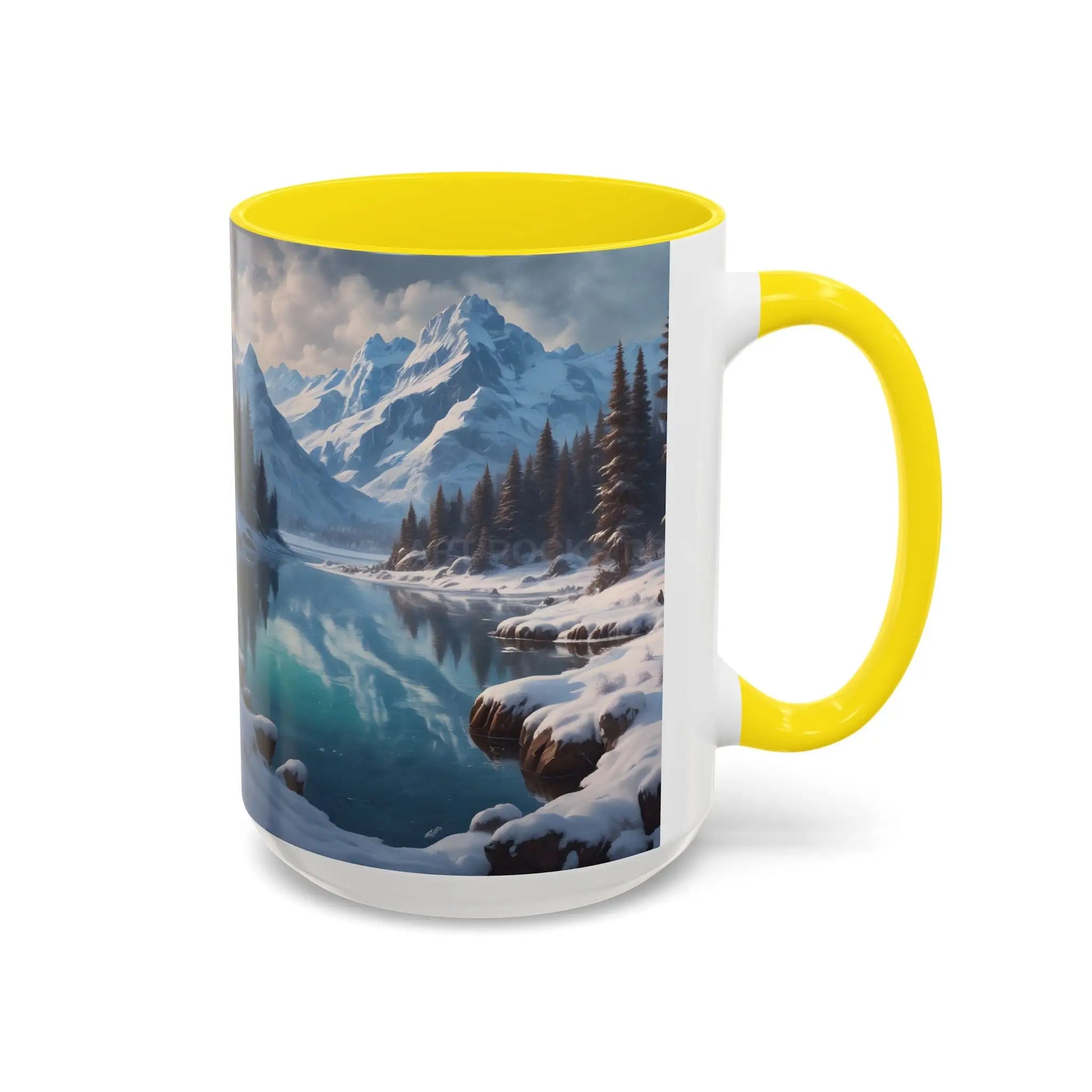 Snowy Mountain Lake Accent Coffee Mug — Scenic Winter Landscape Coffee Cup - Mug