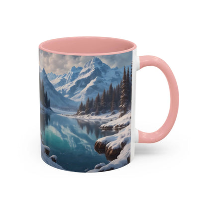 Snowy Mountain Lake Accent Coffee Mug — Scenic Winter Landscape Coffee Cup - Mug