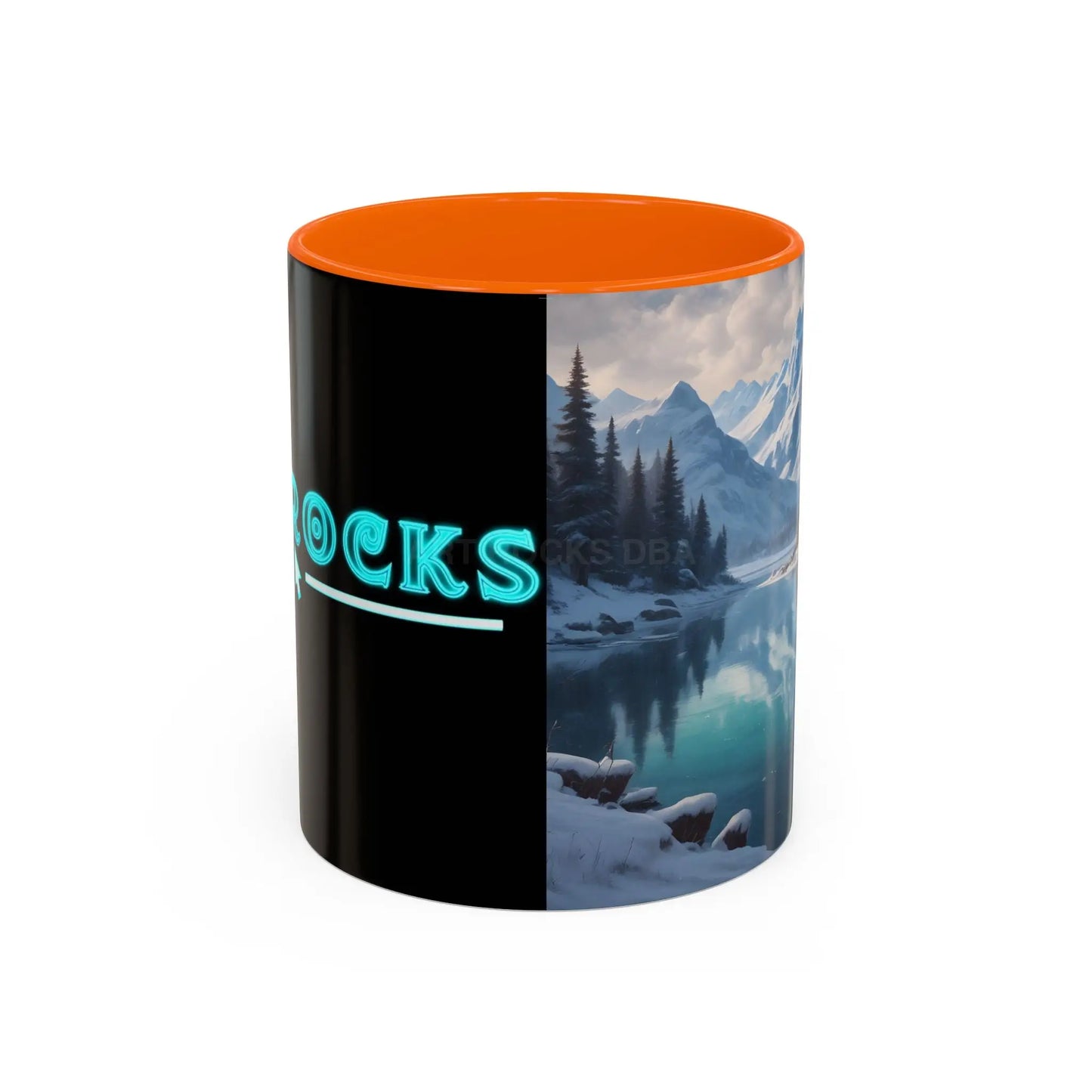 Snowy Mountain Lake Accent Coffee Mug — Scenic Winter Landscape Coffee Cup - 11oz / Orange - Mug