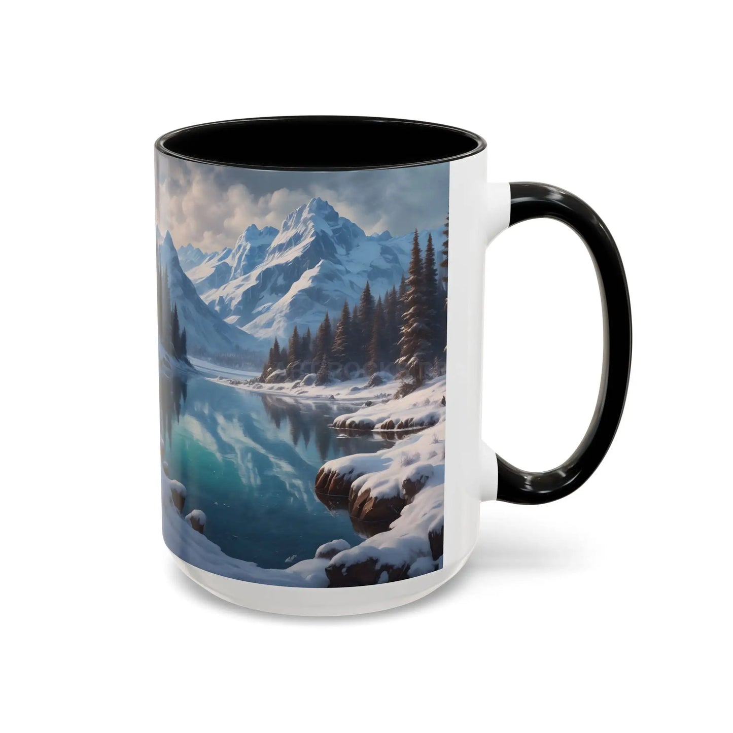 Snowy Mountain Lake Accent Coffee Mug — Scenic Winter Landscape Coffee Cup - Mug