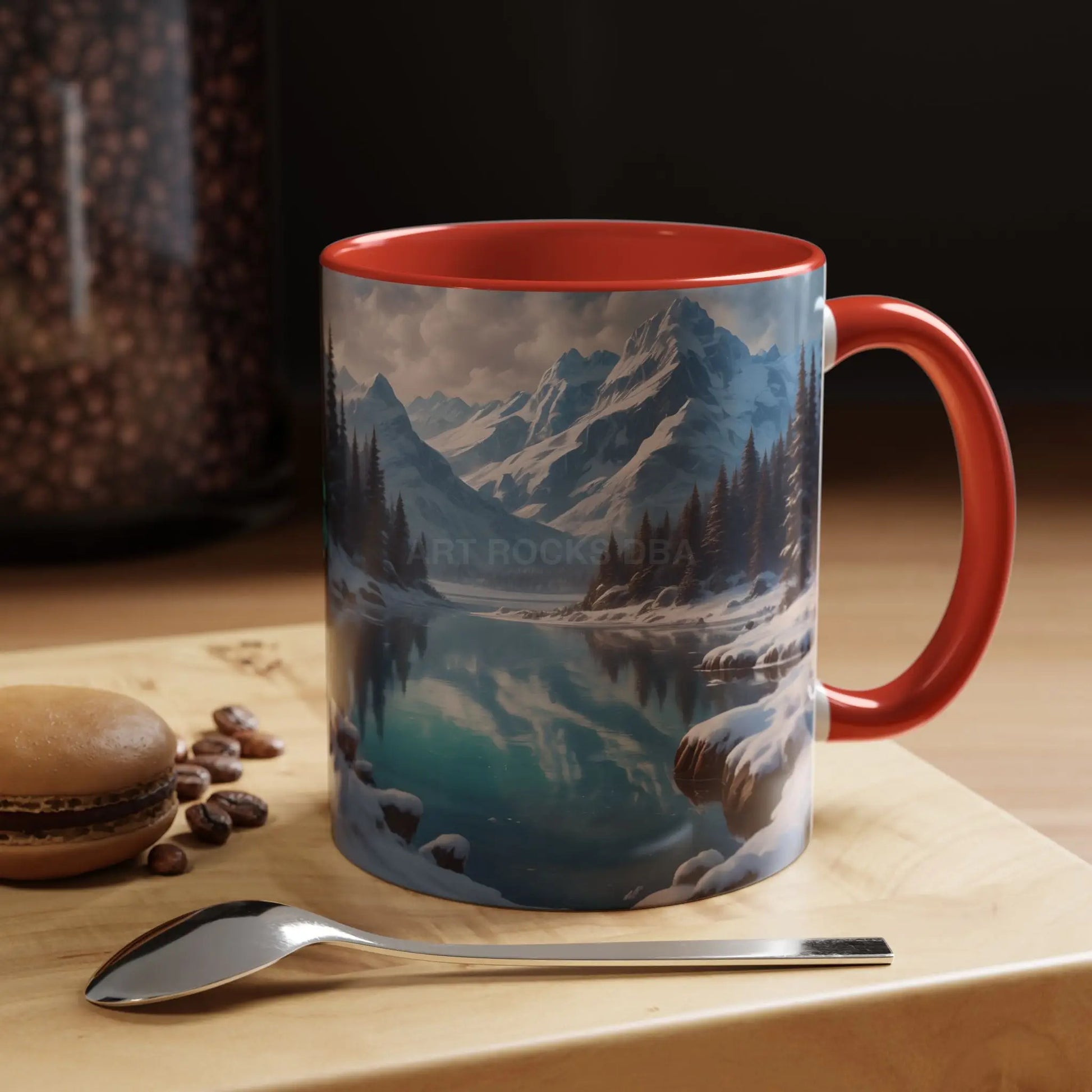 Snowy Mountain Lake Accent Coffee Mug — Scenic Winter Landscape Coffee Cup - Mug