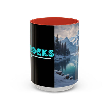 Snowy Mountain Lake Accent Coffee Mug — Scenic Winter Landscape Coffee Cup - 15oz / Red - Mug