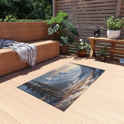 Snowy Mountain Scenery Outdoor Rug - Nature Decor Cozy Patio or Porch Mat Camping Essential Interior Style Gift