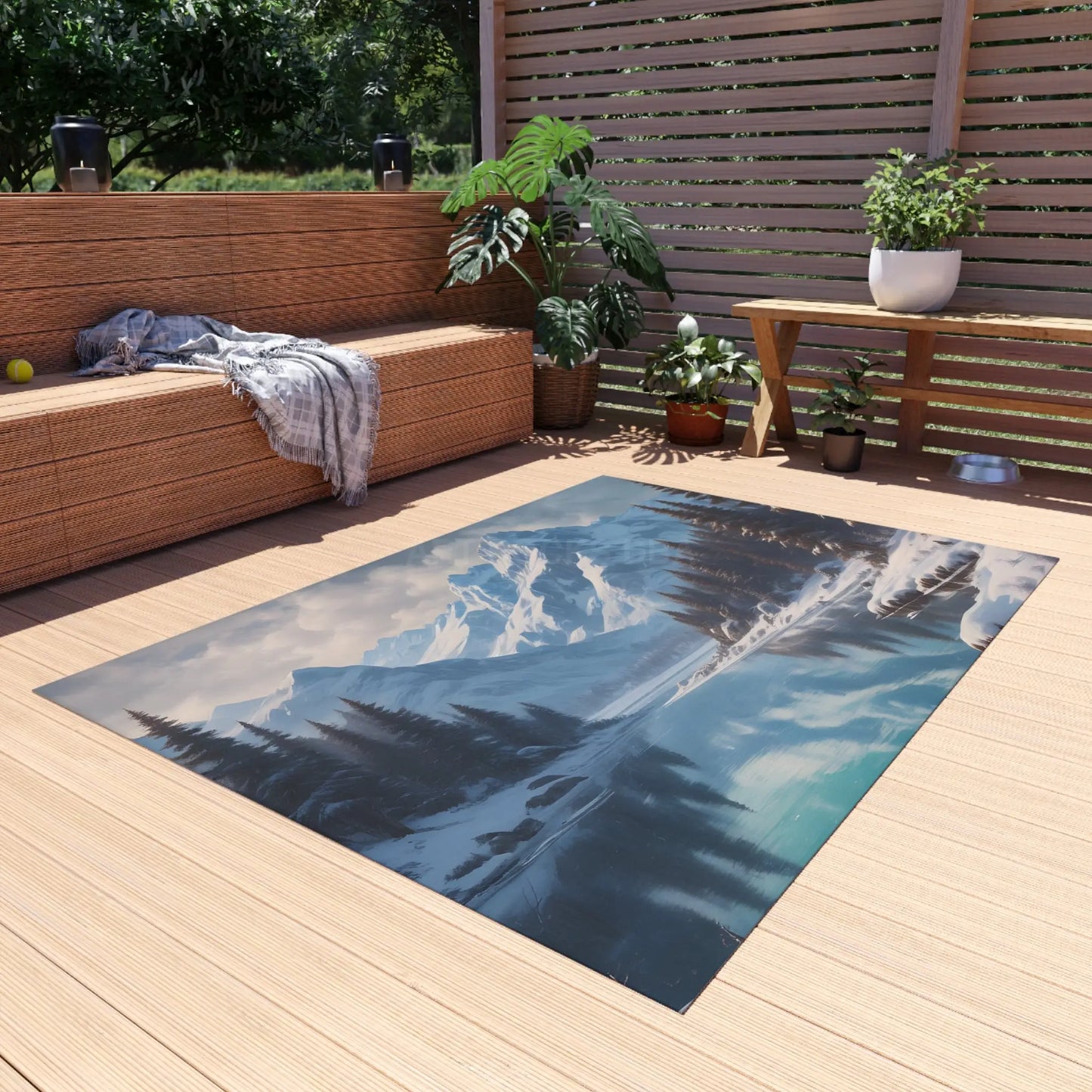 Snowy Mountainous Lake Outdoor Rug Cozy Patio Decor Rustic Home Accent Camping Mat Nature Lover Gift - Home Decor