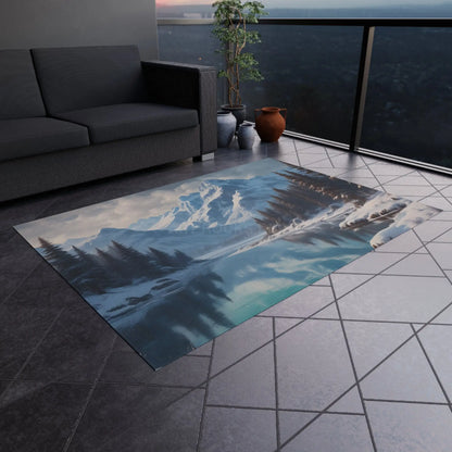 Snowy Mountainous Lake Outdoor Rug Cozy Patio Decor Rustic Home Accent Camping Mat Nature Lover Gift - 60’’ × 84’’