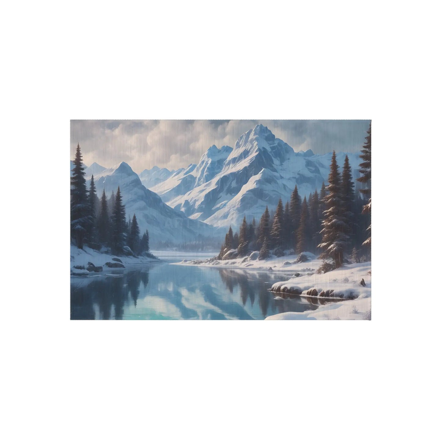 Snowy Mountainous Lake Outdoor Rug Cozy Patio Decor Rustic Home Accent Camping Mat Nature Lover Gift - 24’’ × 36’’