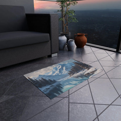 Snowy Mountainous Lake Outdoor Rug Cozy Patio Decor Rustic Home Accent Camping Mat Nature Lover Gift - Home Decor