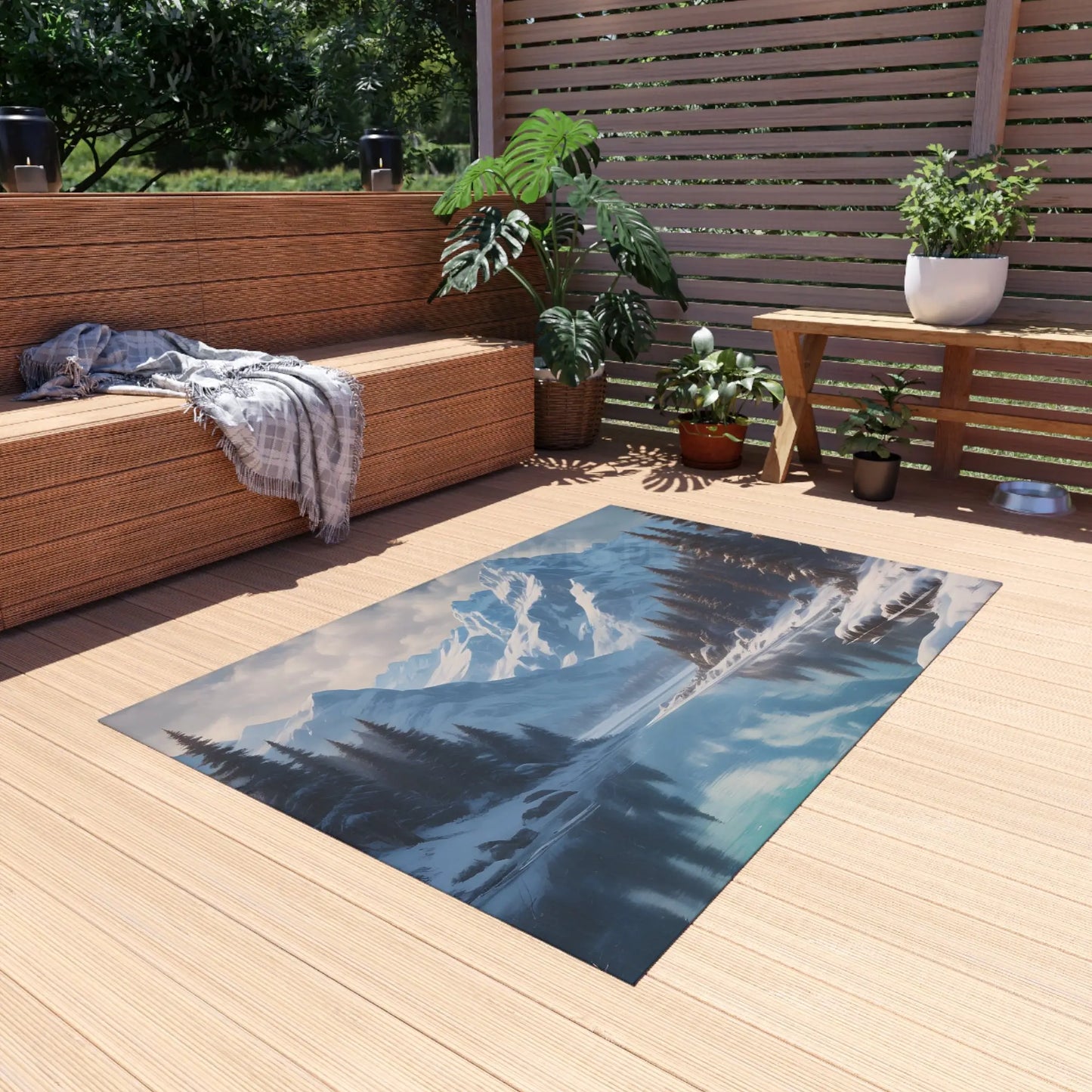 Snowy Mountainous Lake Outdoor Rug Cozy Patio Decor Rustic Home Accent Camping Mat Nature Lover Gift - Home Decor