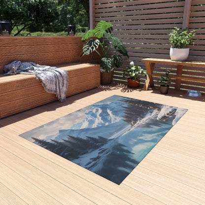 Snowy Mountainous Lake Outdoor Rug Cozy Patio Decor Rustic Home Accent Camping Mat Nature Lover Gift - Home Decor