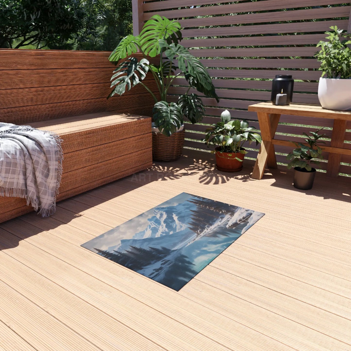 Snowy Mountainous Lake Outdoor Rug Cozy Patio Decor Rustic Home Accent Camping Mat Nature Lover Gift - Home Decor