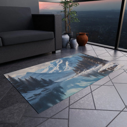 Snowy Mountainous Lake Outdoor Rug Cozy Patio Decor Rustic Home Accent Camping Mat Nature Lover Gift - Home Decor
