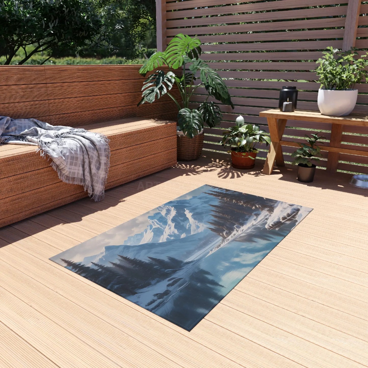 Snowy Mountainous Lake Outdoor Rug Cozy Patio Decor Rustic Home Accent Camping Mat Nature Lover Gift - Home Decor