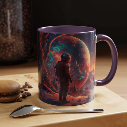 Space Explorer Coffee Mug — Astronaut Planet Scene Accent Mug (11/15oz) - 11oz / Purple - Mug