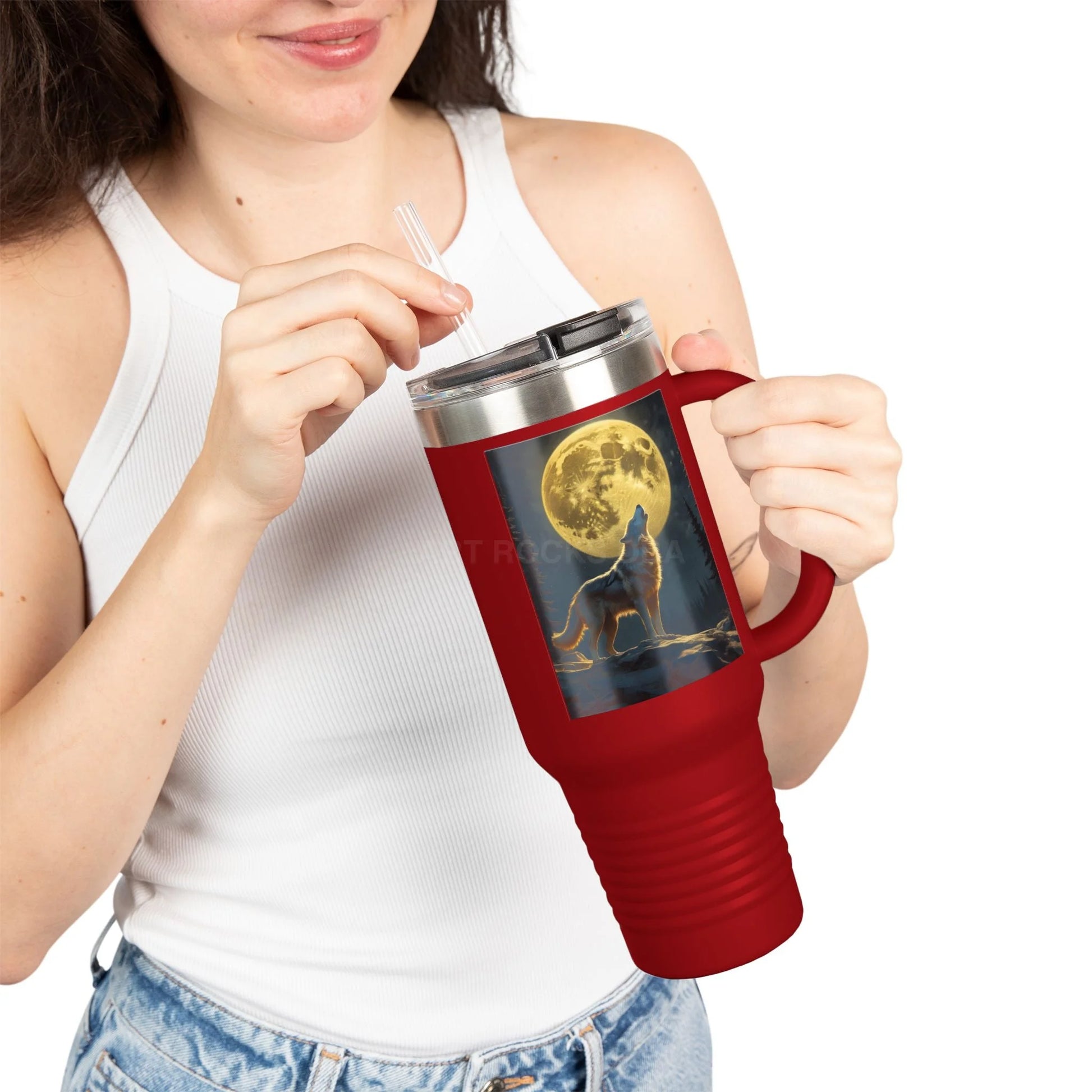 Spooky Bitch Wolf Travel Mug | Wolf Howling at Moon | Personalized Drinkware for Outdoor Lovers Camping Gifts Road Trip