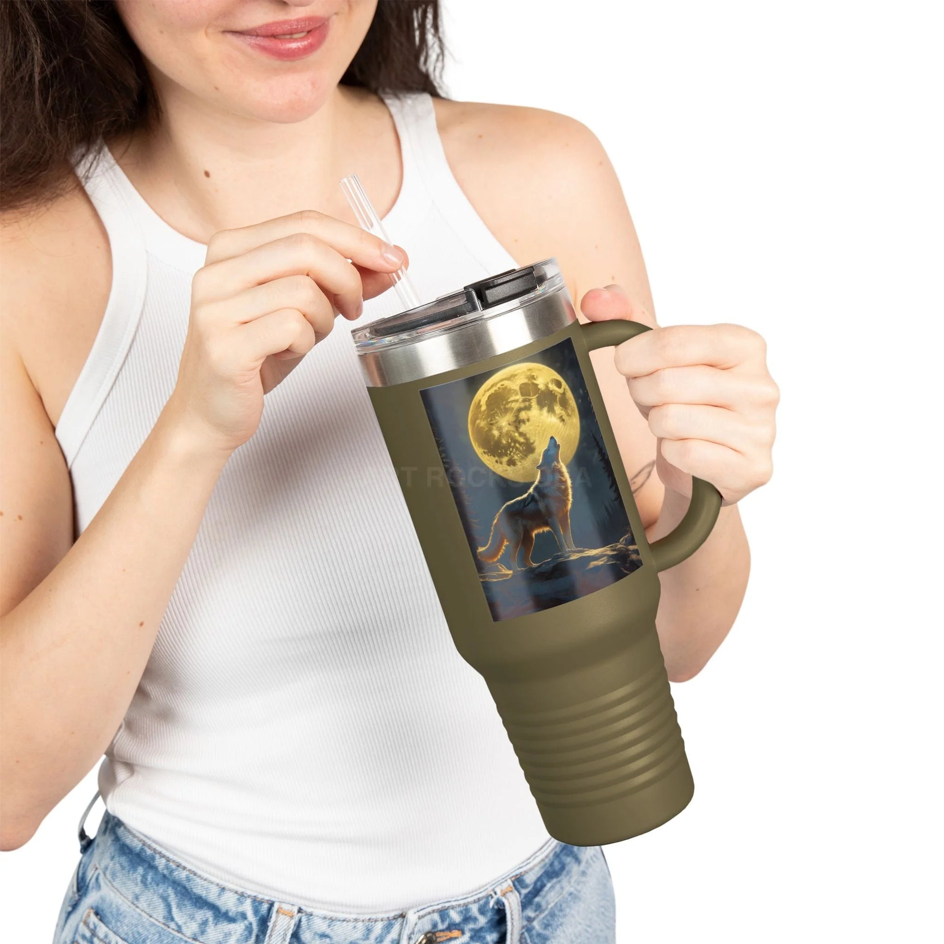 Spooky Bitch Wolf Travel Mug | Wolf Howling at Moon | Personalized Drinkware for Outdoor Lovers Camping Gifts Road Trip