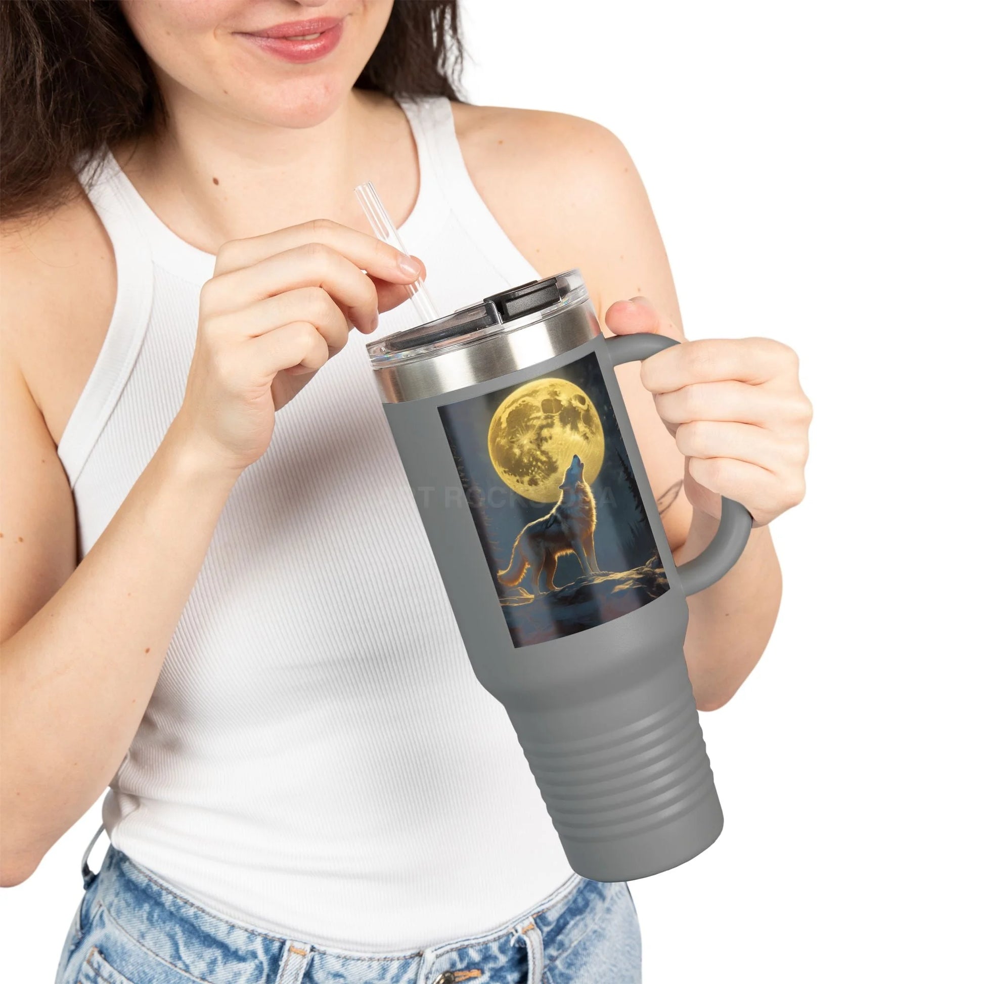 Spooky Bitch Wolf Travel Mug | Wolf Howling at Moon | Personalized Drinkware for Outdoor Lovers Camping Gifts Road Trip