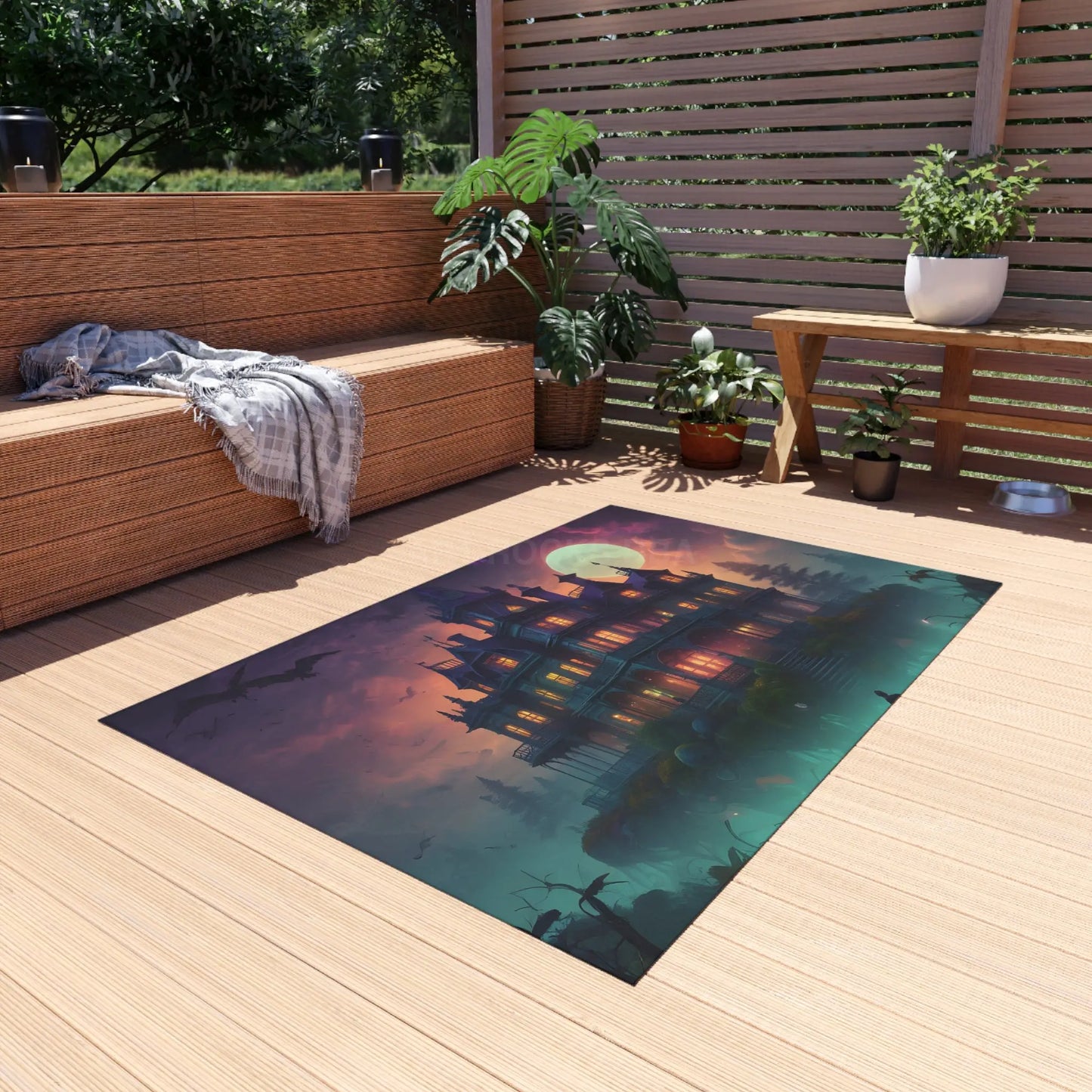 Spooky Haunted House Outdoor Rug Halloween Decor Patio Mat Garden Rug Cozy Outdoor Living Spooktacular Home Accent