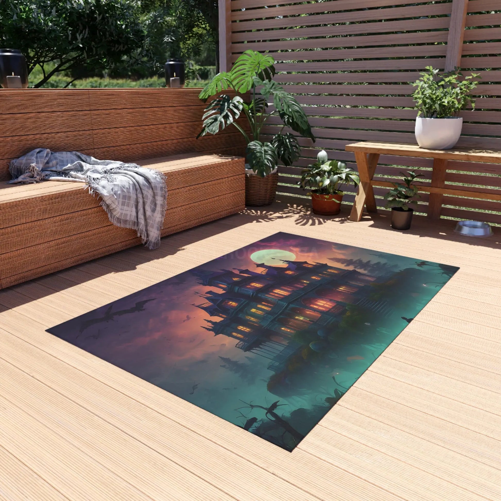 Spooky Haunted House Outdoor Rug Halloween Decor Patio Mat Garden Rug Cozy Outdoor Living Spooktacular Home Accent