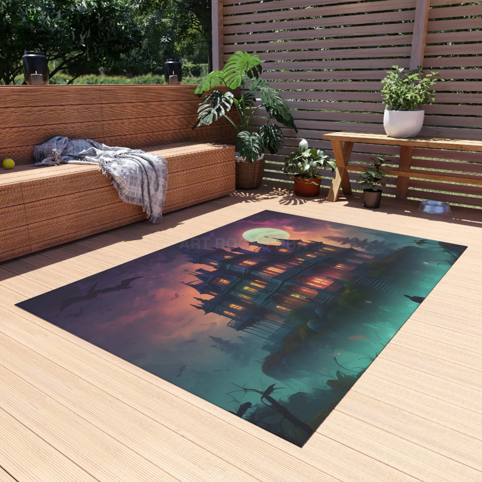 Spooky Haunted House Outdoor Rug Halloween Decor Patio Mat Garden Rug Cozy Outdoor Living Spooktacular Home Accent