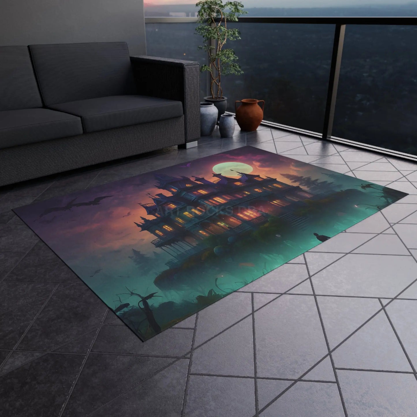 Spooky Haunted House Outdoor Rug Halloween Decor Patio Mat Garden Rug Cozy Outdoor Living Spooktacular Home Accent