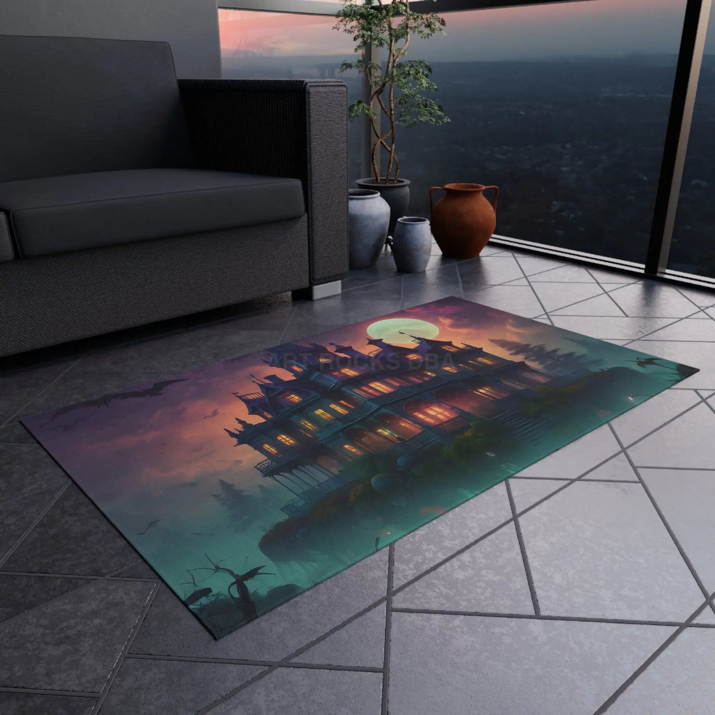 Spooky Haunted House Outdoor Rug Halloween Decor Patio Mat Garden Rug Cozy Outdoor Living Spooktacular Home Accent