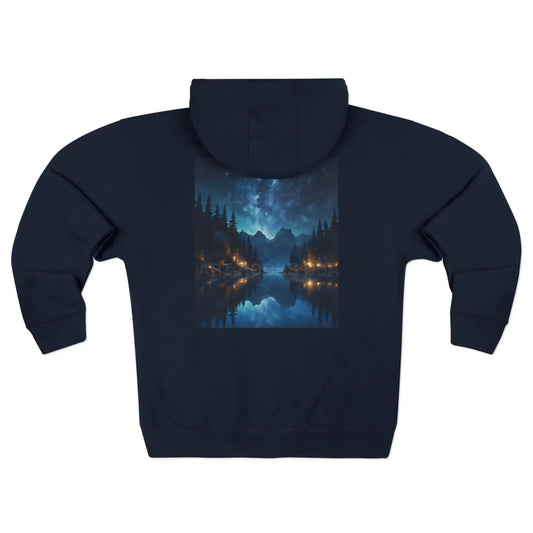 Starry Night Lake Landscape Zip-Up Sweatshirt - XS / Navy - Hoodie