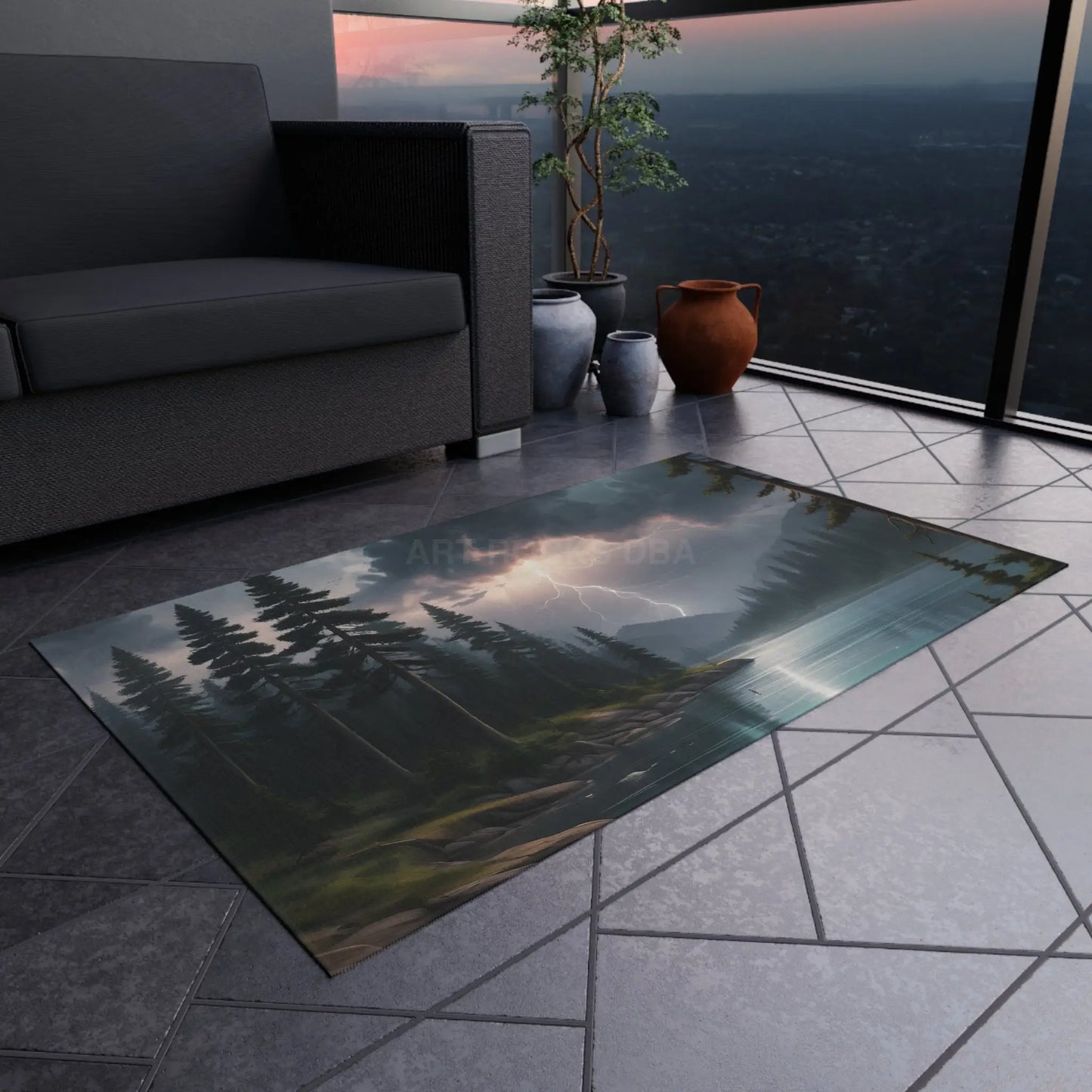 Stormy Lake Outdoor Rug | Nature-Inspired Floor Mat for Patios Decks and Campouts | Ideal for Picnic Garden and Porch