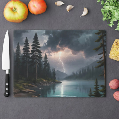 Stormy Mountain Lake Cutting Board — Lightning Over Pine Forest Kitchen Board - Large - Home Decor