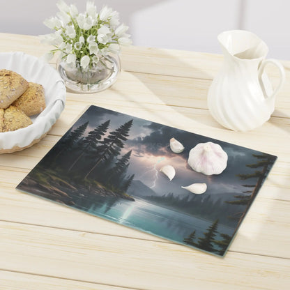 Stormy Mountain Lake Cutting Board — Lightning Over Pine Forest Kitchen Board - Home Decor