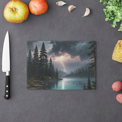Stormy Mountain Lake Cutting Board — Lightning Over Pine Forest Kitchen Board - Home Decor